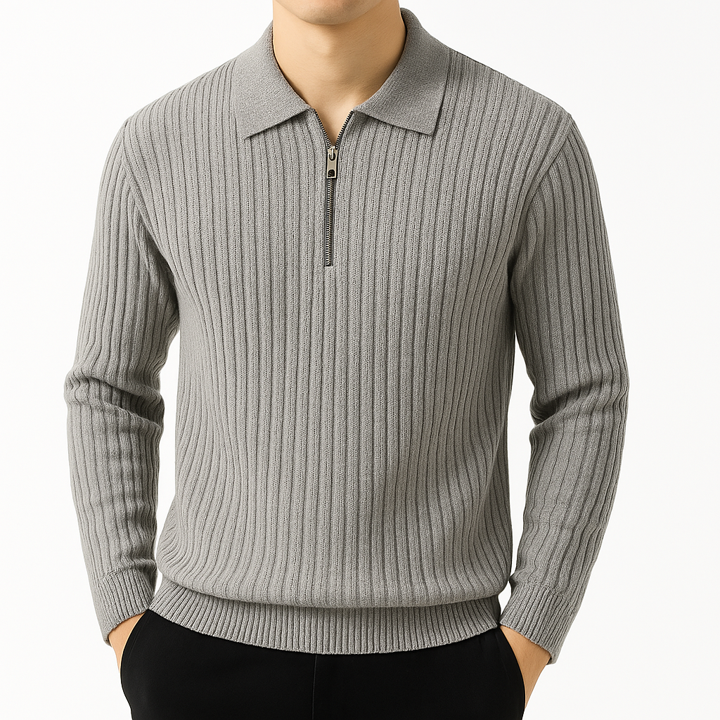 Men's ribbed quarter zip jumper with polo collar