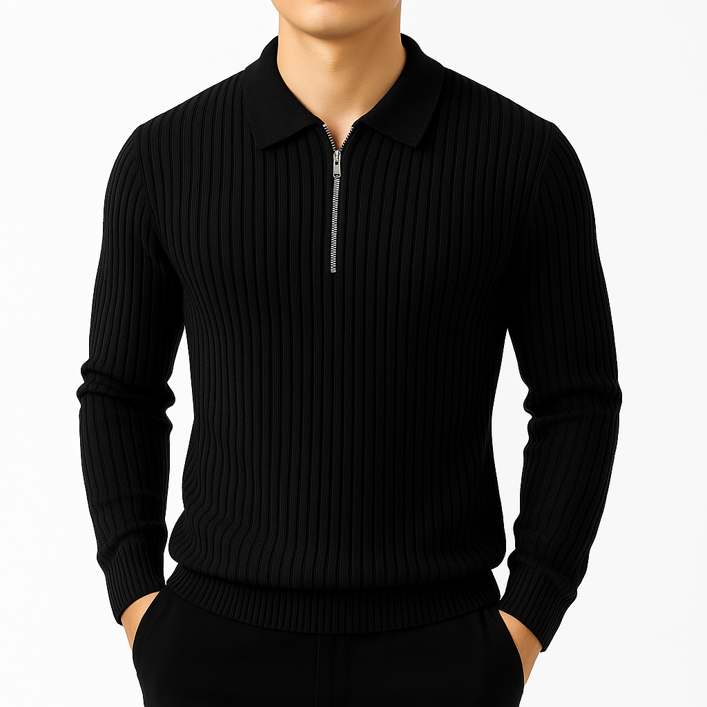 Men's ribbed quarter zip jumper with polo collar - view 2