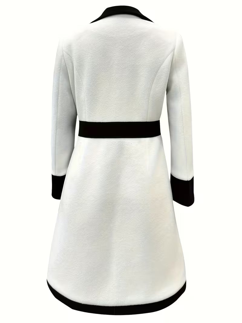 White notched lapel long sleeve midi dress with black trim and enamel buttons - view 2