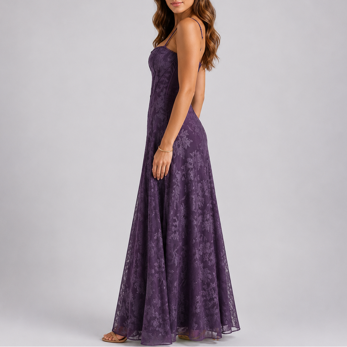 Floral lace corset maxi dress with spaghetti straps and flowing A-line skirt - view 2