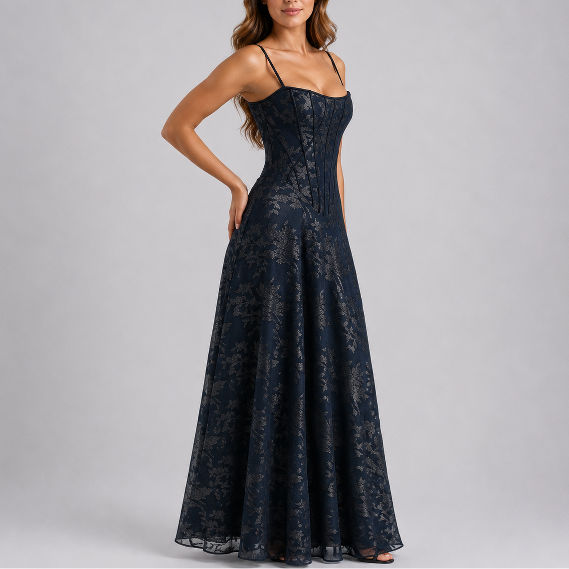 Floral lace corset maxi dress with spaghetti straps and flowing A-line skirt - view 3