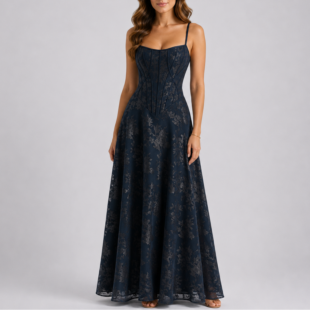 Floral lace corset maxi dress with spaghetti straps and flowing A-line skirt - view 4