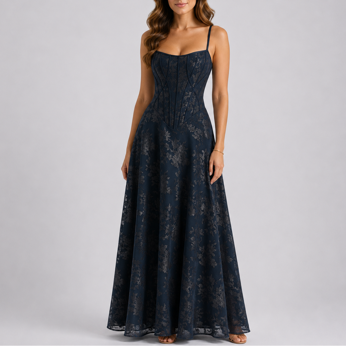 Floral lace corset maxi dress with spaghetti straps and flowing A-line skirt - view 4