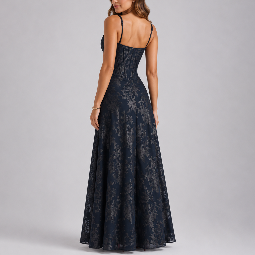 Floral lace corset maxi dress with spaghetti straps and flowing A-line skirt - view 5