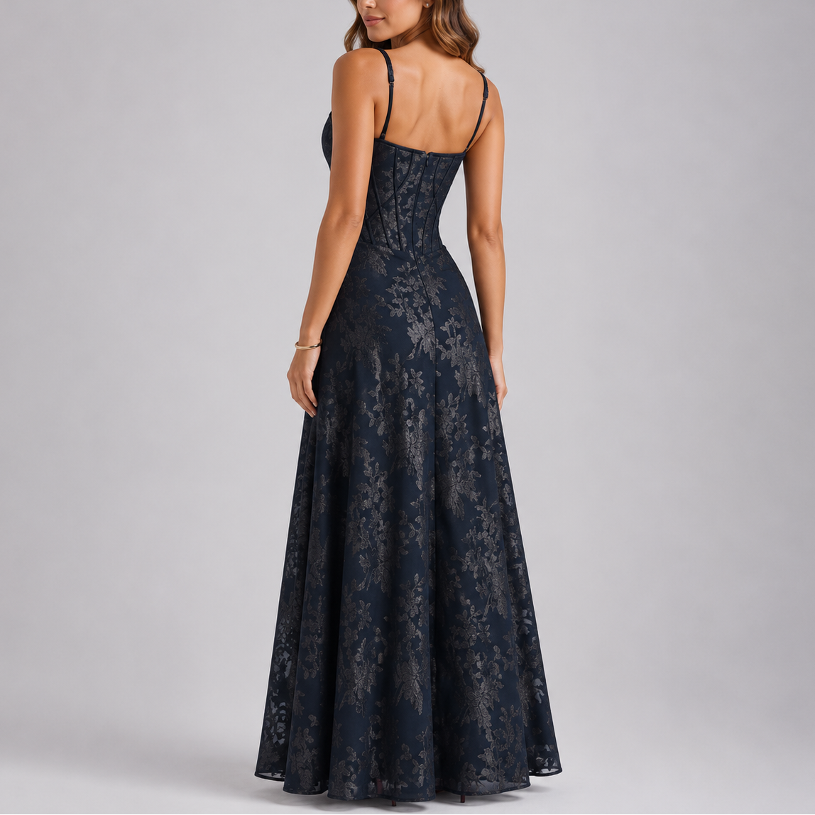 Floral lace corset maxi dress with spaghetti straps and flowing A-line skirt - view 5
