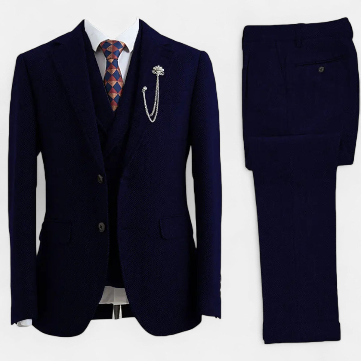 Rowan herringbone tweed three-piece suit with jacket, vest and pants