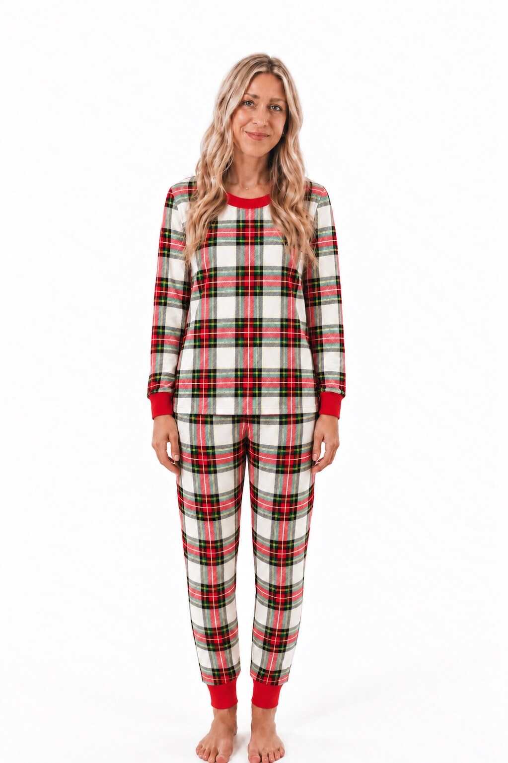 Family wearing matching cream and red tartan Christmas pyjamas with red ribbed cuffs - view 12