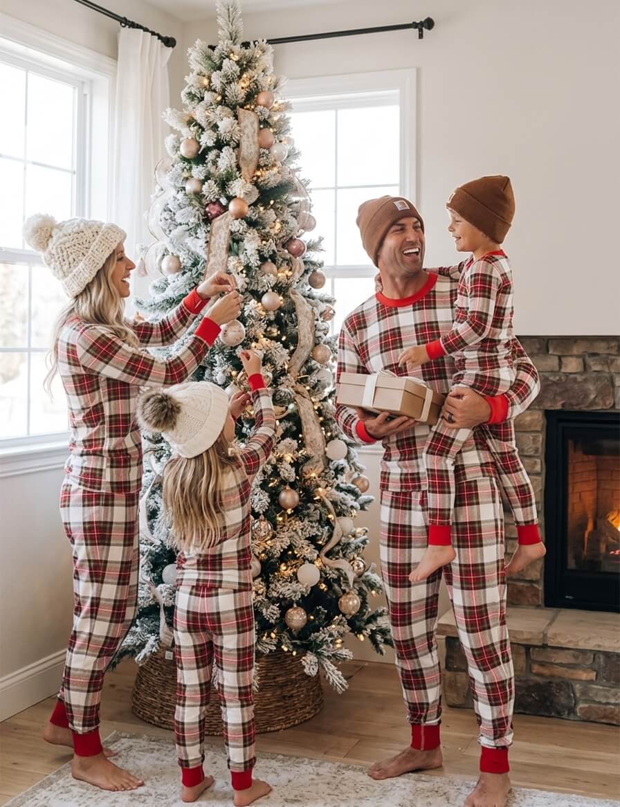 Family wearing matching cream and red tartan Christmas pyjamas with red ribbed cuffs - view 2