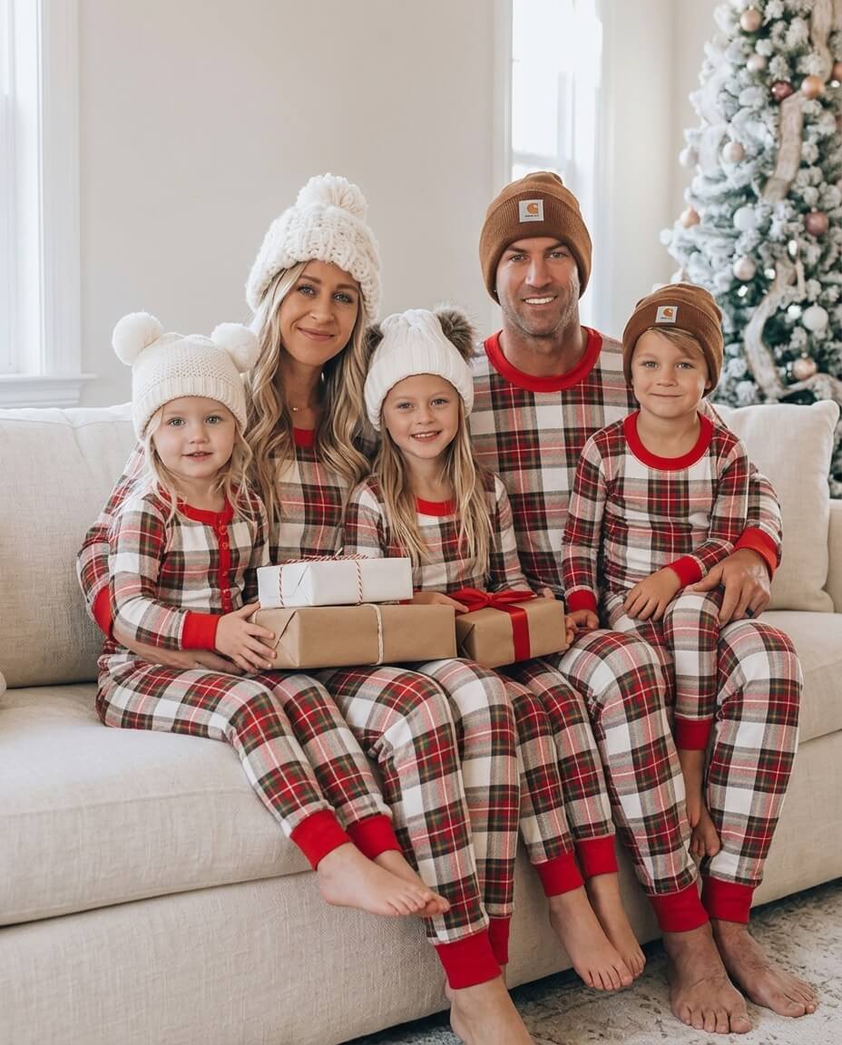 Family wearing matching cream and red tartan Christmas pyjamas with red ribbed cuffs - view 5