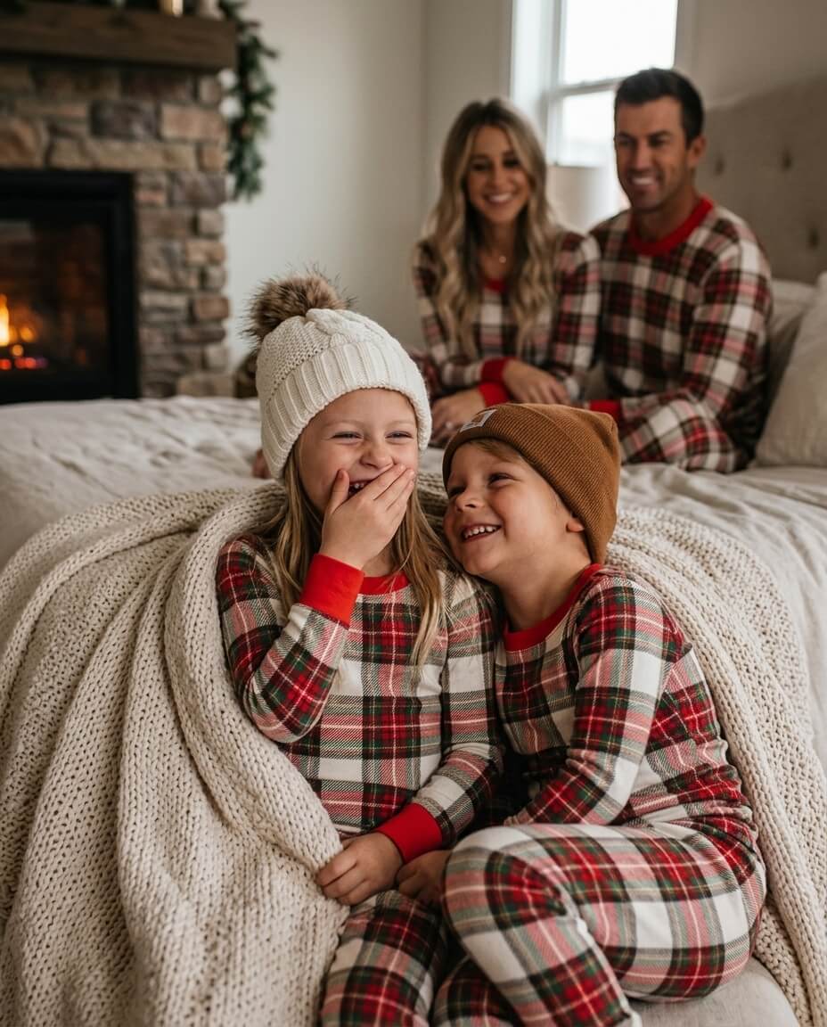 Family wearing matching cream and red tartan Christmas pyjamas with red ribbed cuffs - view 7