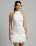 White halter neck sequin bodycon mini dress with feather trim hem