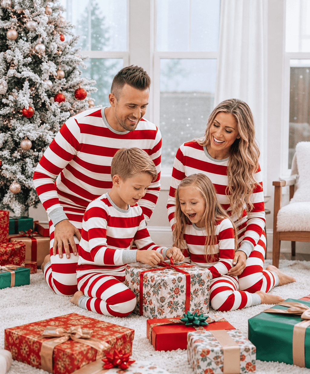 Family wearing matching red and white candy cane stripe Christmas pyjamas with grey ribbed trims