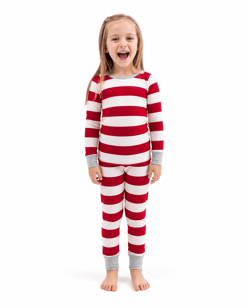 Family wearing matching red and white candy cane stripe Christmas pyjamas with grey ribbed trims - view 10