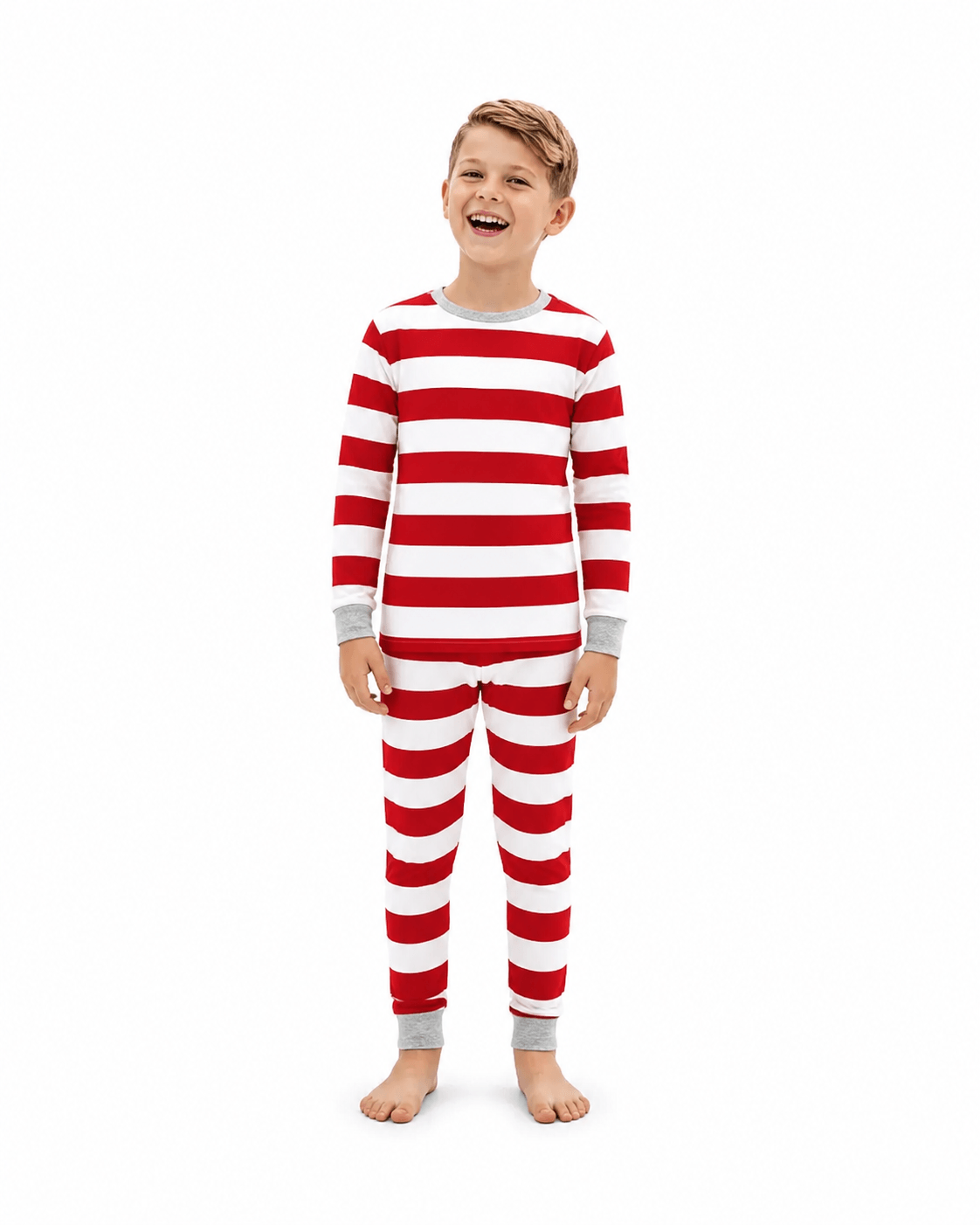 Family wearing matching red and white candy cane stripe Christmas pyjamas with grey ribbed trims - view 11