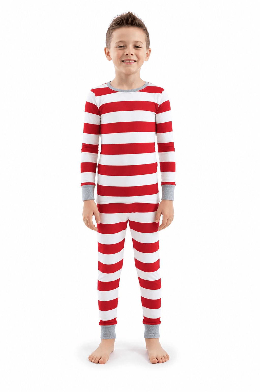 Family wearing matching red and white candy cane stripe Christmas pyjamas with grey ribbed trims - view 12