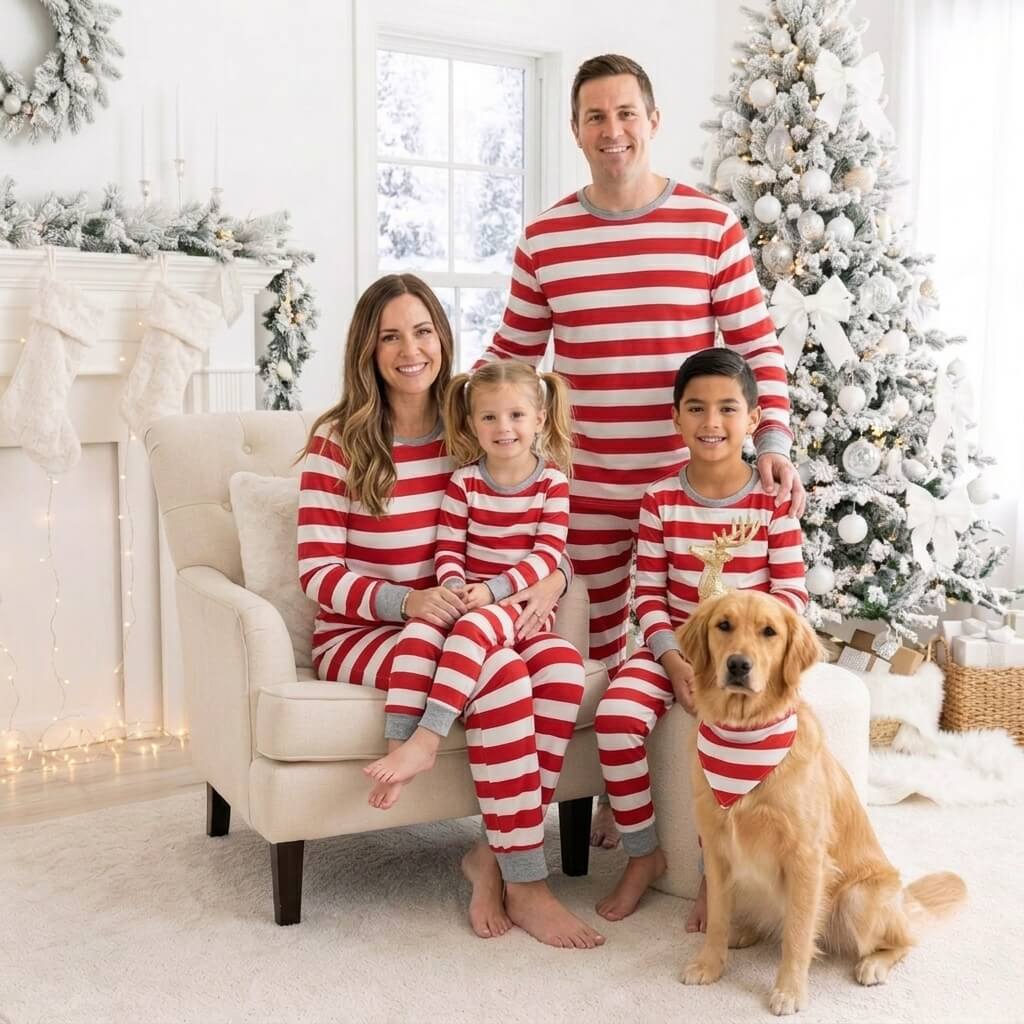 Family wearing matching red and white candy cane stripe Christmas pyjamas with grey ribbed trims - view 2