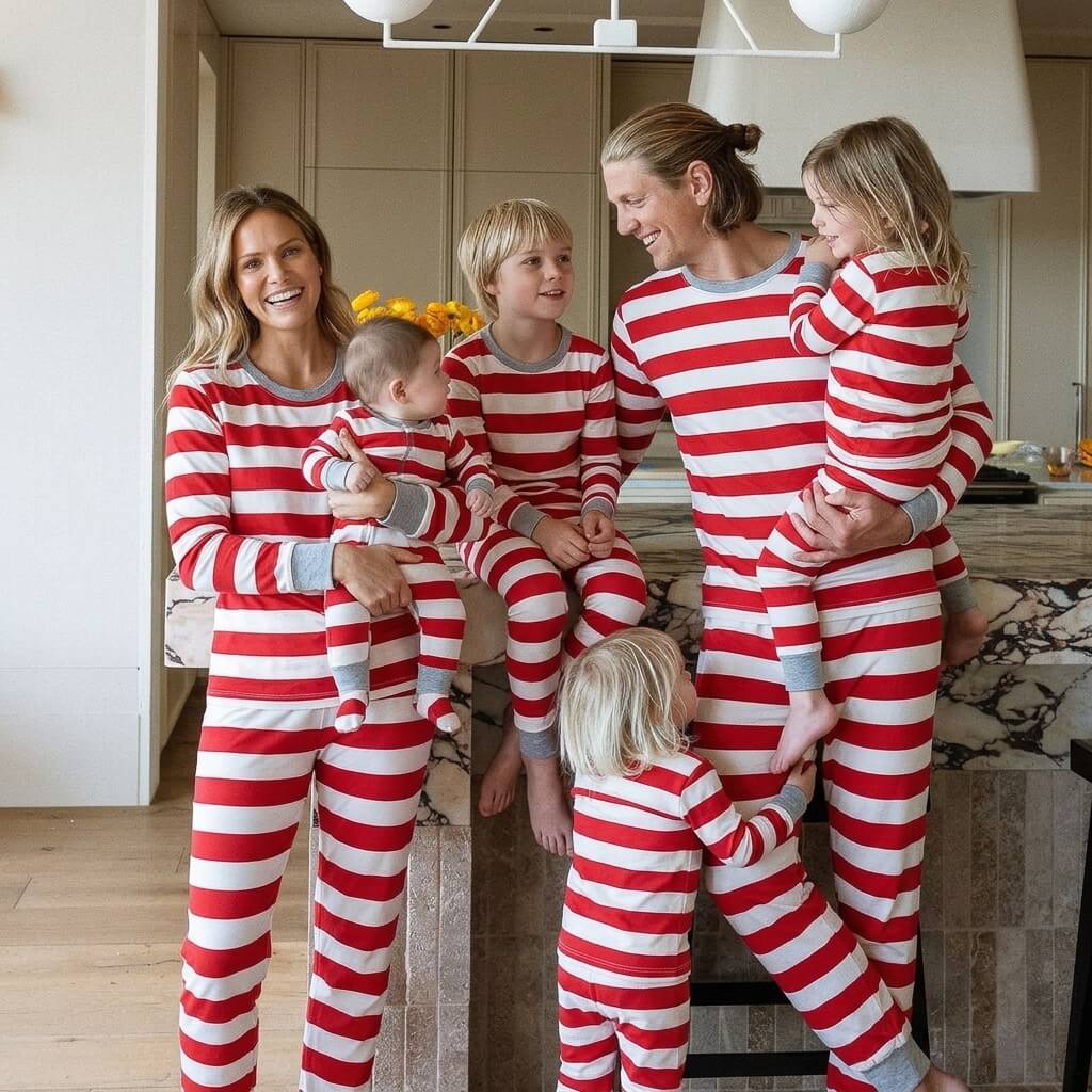 Family wearing matching red and white candy cane stripe Christmas pyjamas with grey ribbed trims - view 3