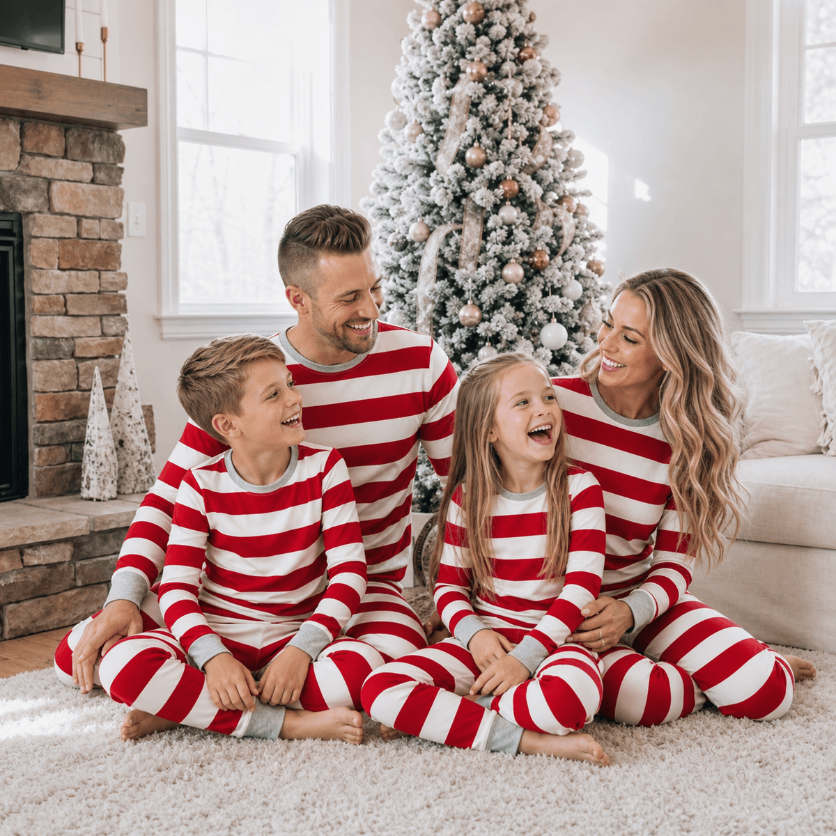 Family wearing matching red and white candy cane stripe Christmas pyjamas with grey ribbed trims - view 4