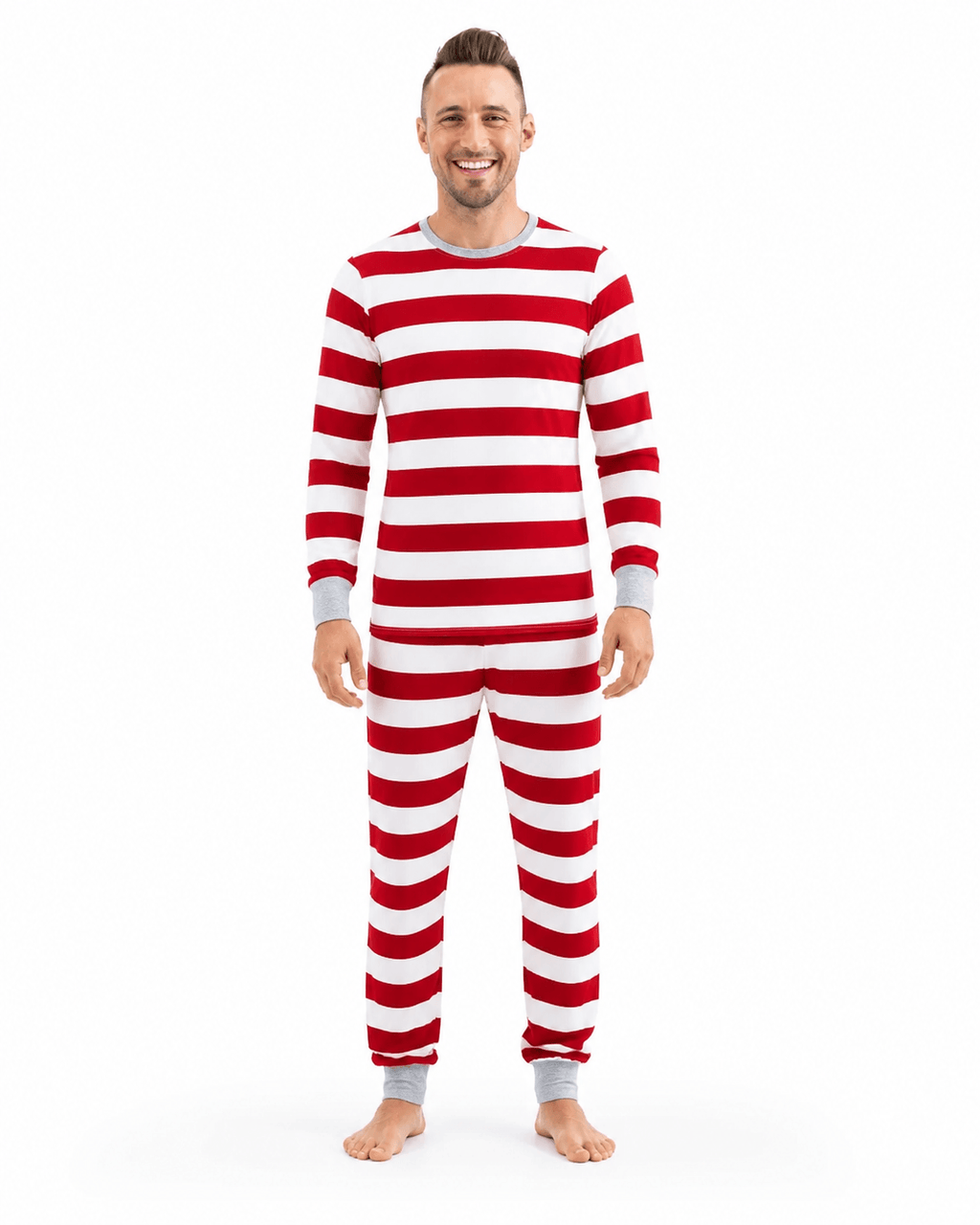Family wearing matching red and white candy cane stripe Christmas pyjamas with grey ribbed trims - view 9