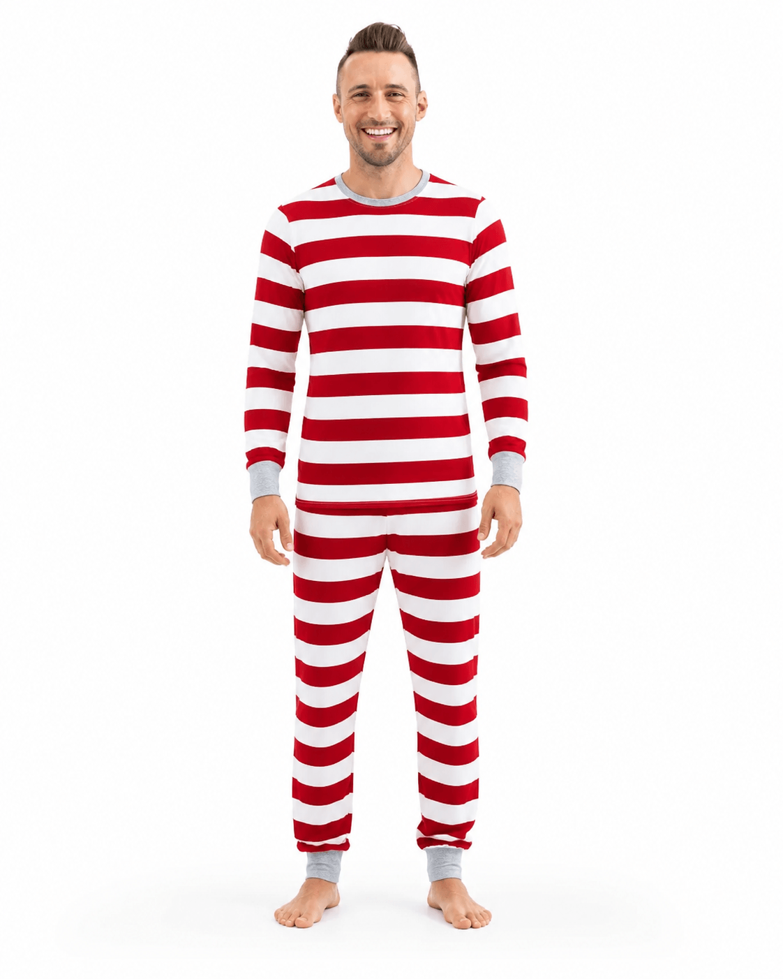Family wearing matching red and white candy cane stripe Christmas pyjamas with grey ribbed trims - view 9