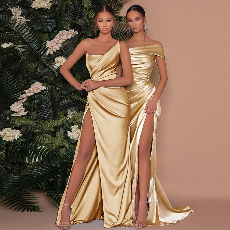One-shoulder satin maxi dress with ruched bodice and high thigh slit - view 2