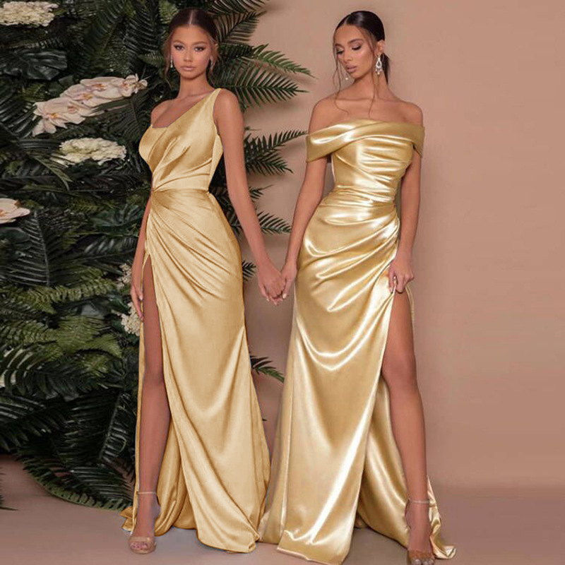 One-shoulder satin maxi dress with ruched bodice and high thigh slit - view 3