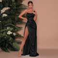 One-shoulder satin maxi dress with ruched bodice and high thigh slit - view 5