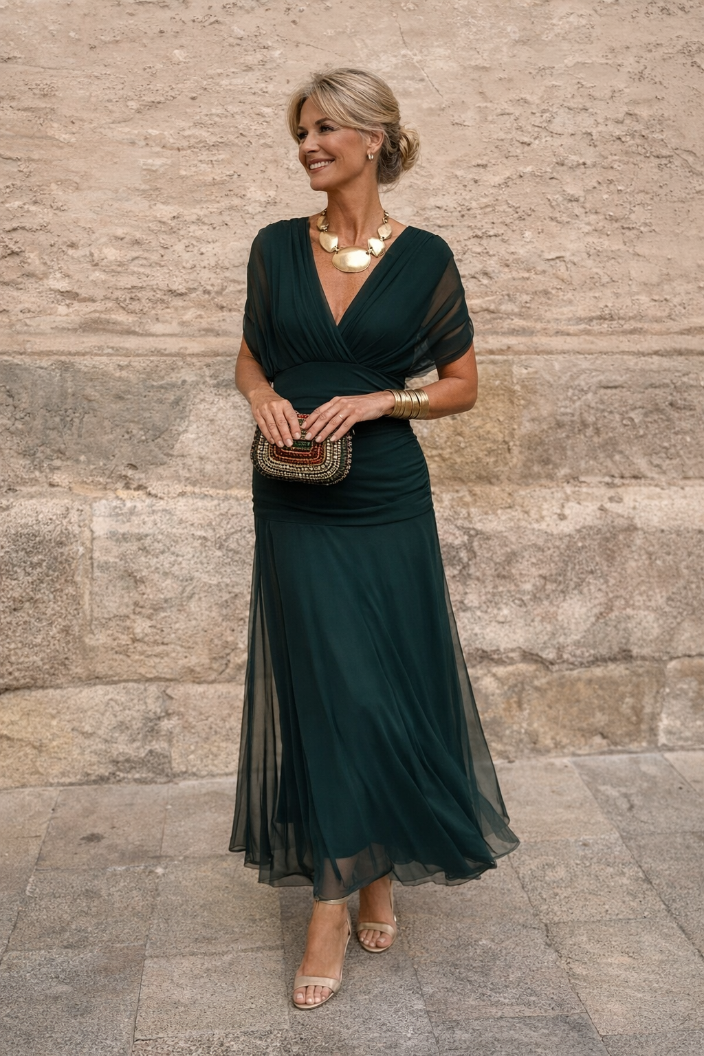 Off-shoulder ruched mesh maxi dress with twisted bodice