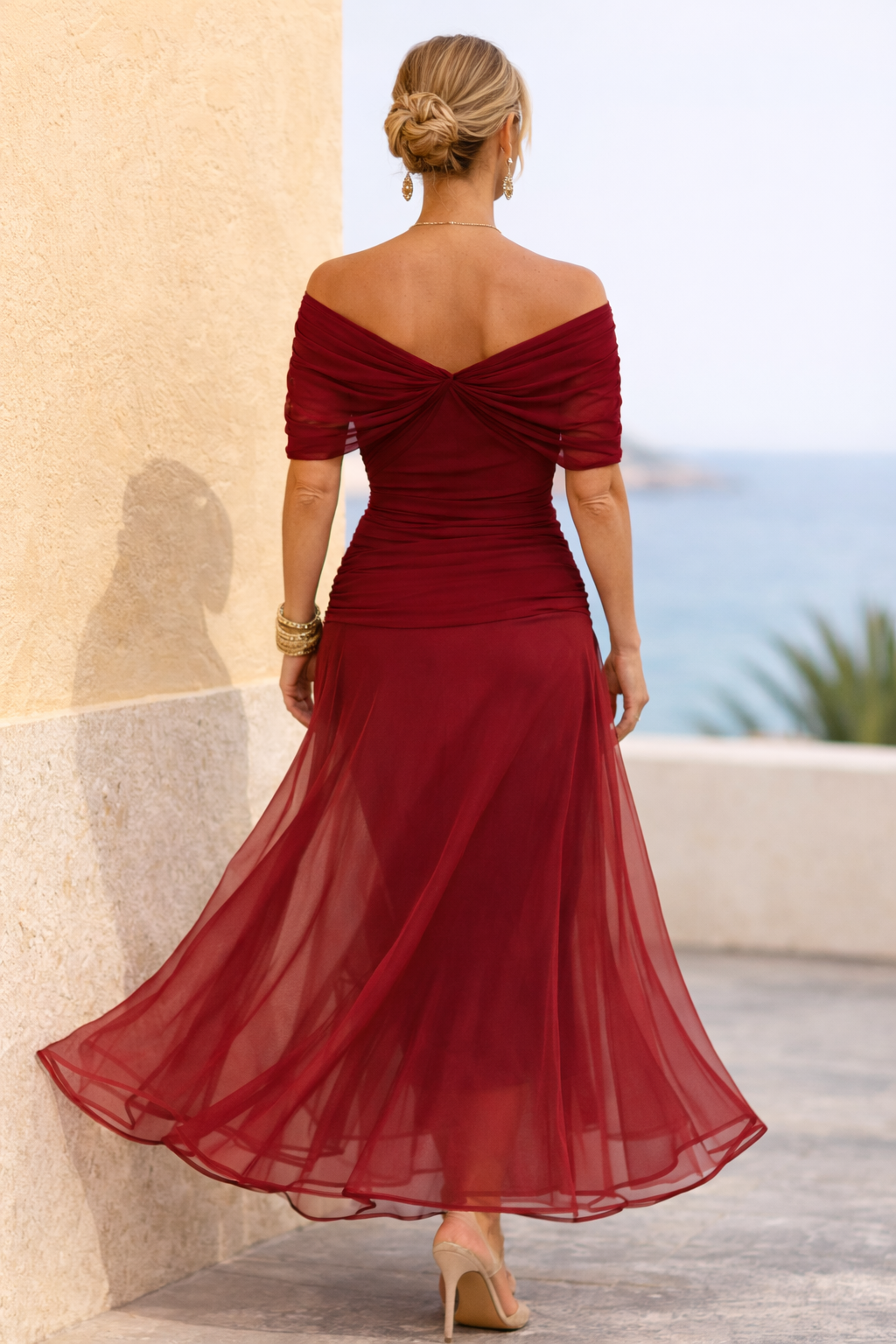 Off-shoulder ruched mesh maxi dress with twisted bodice - view 15