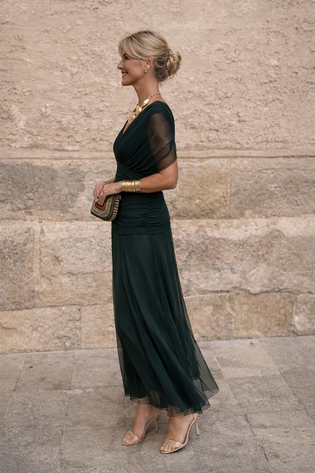 Off-shoulder ruched mesh maxi dress with twisted bodice - view 6