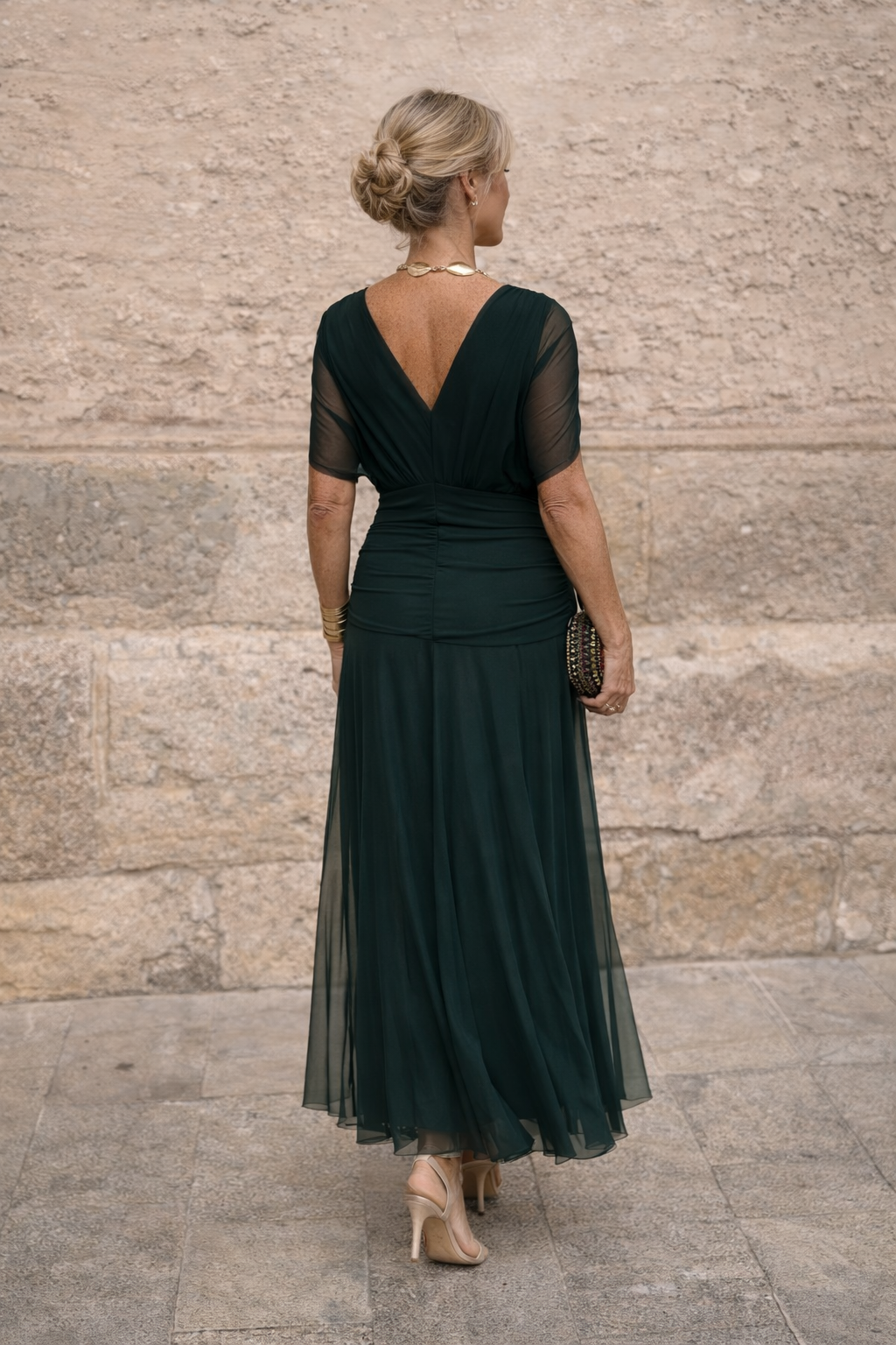 Off-shoulder ruched mesh maxi dress with twisted bodice - view 7