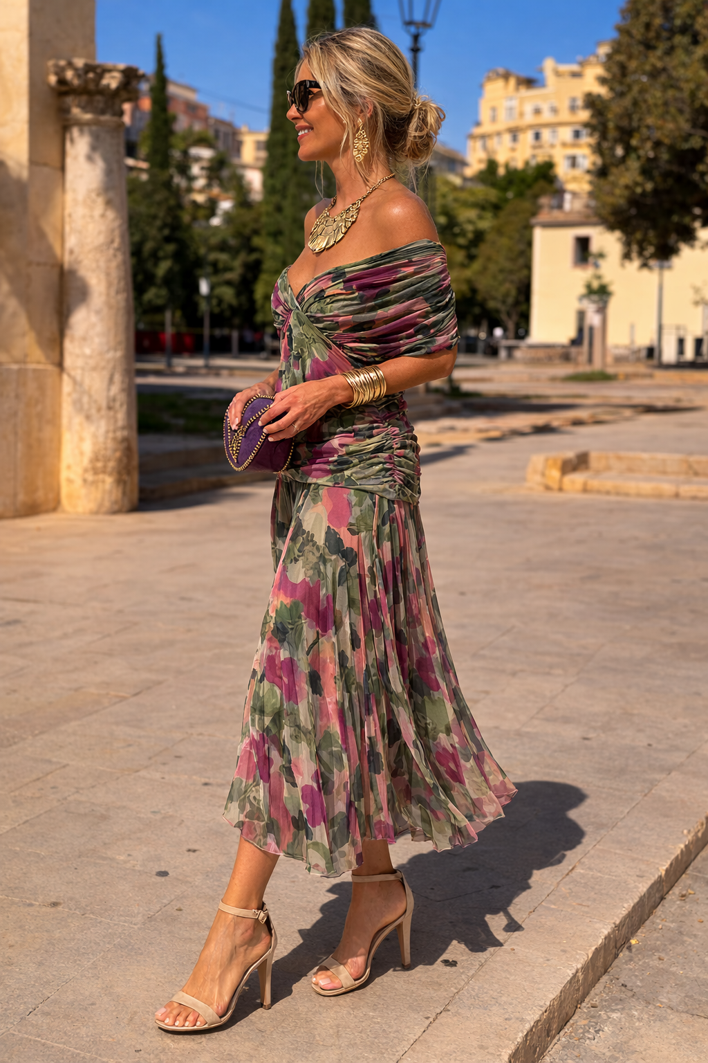 Off-shoulder ruched mesh maxi dress with twisted bodice - view 8