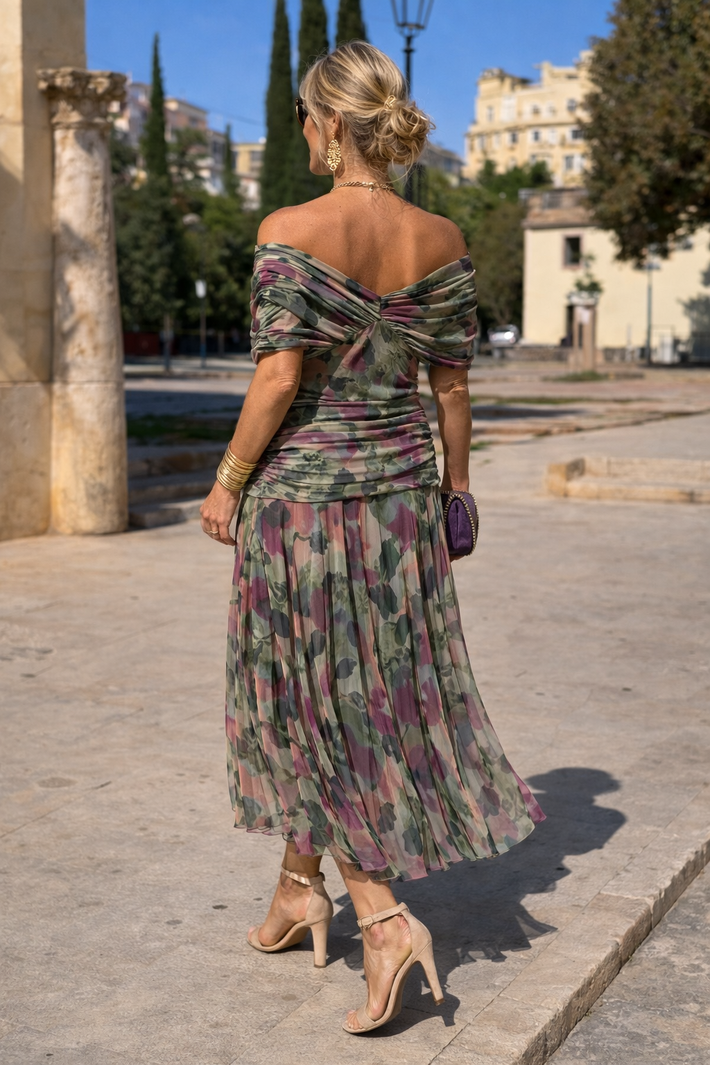 Off-shoulder ruched mesh maxi dress with twisted bodice - view 9