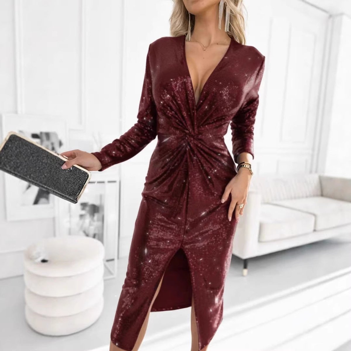 Twist front sequin midi dress with plunging V-neck and front slit - view 5