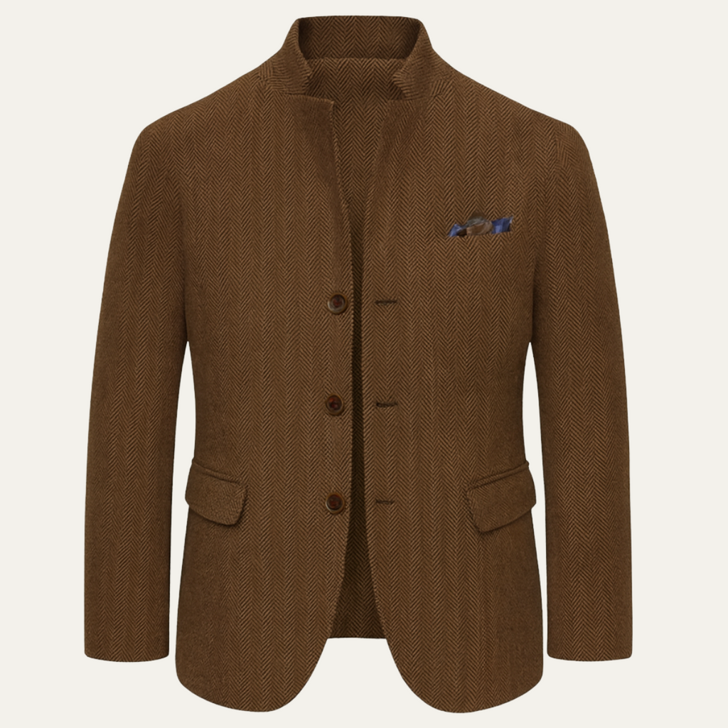 Men's herringbone tweed jacket with stand collar and three-button front