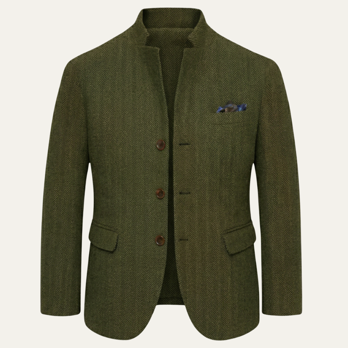 Men's herringbone tweed jacket with stand collar and three-button front - view 3