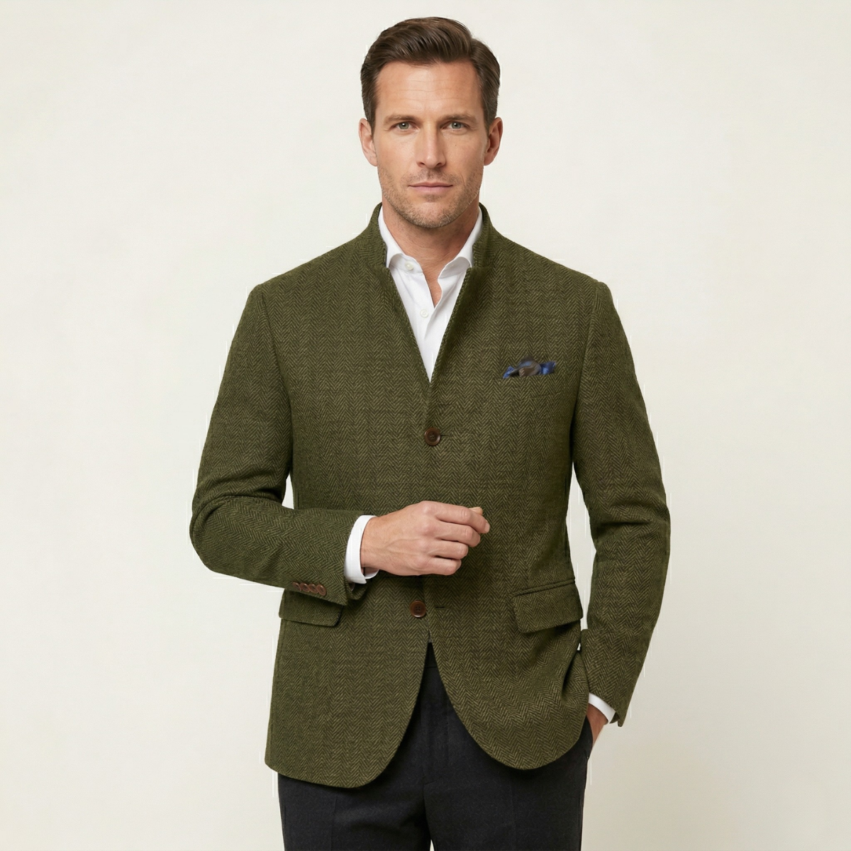 Men's herringbone tweed jacket with stand collar and three-button front - view 4