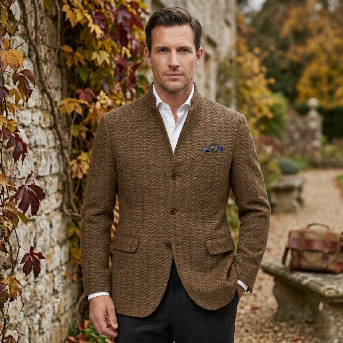 Men's herringbone tweed jacket with stand collar and three-button front - view 5