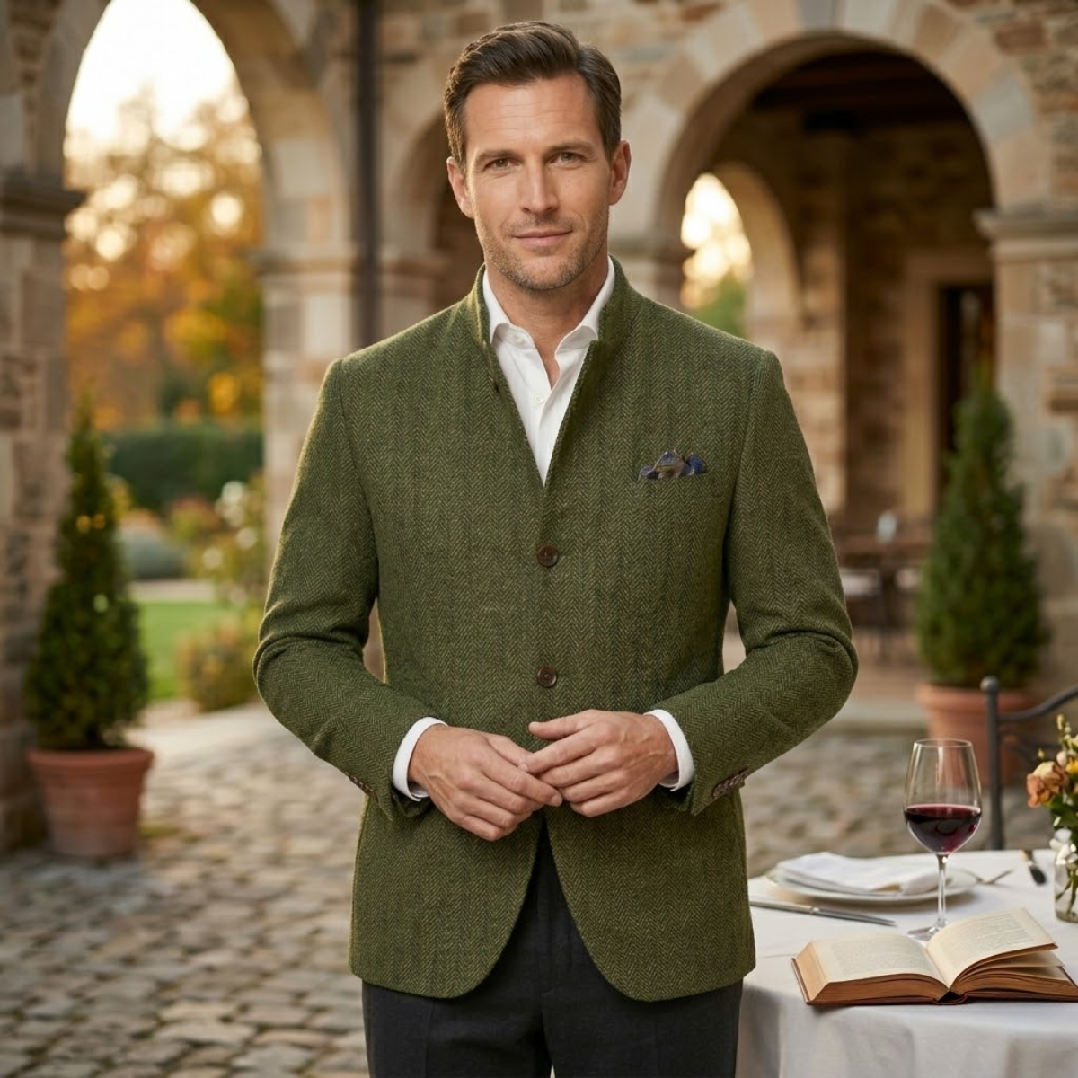 Men's herringbone tweed jacket with stand collar and three-button front - view 6