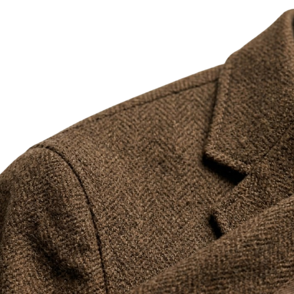 Men's herringbone tweed jacket with stand collar and three-button front - view 7