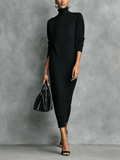 Black long sleeve knit sweater midi dress with turtleneck