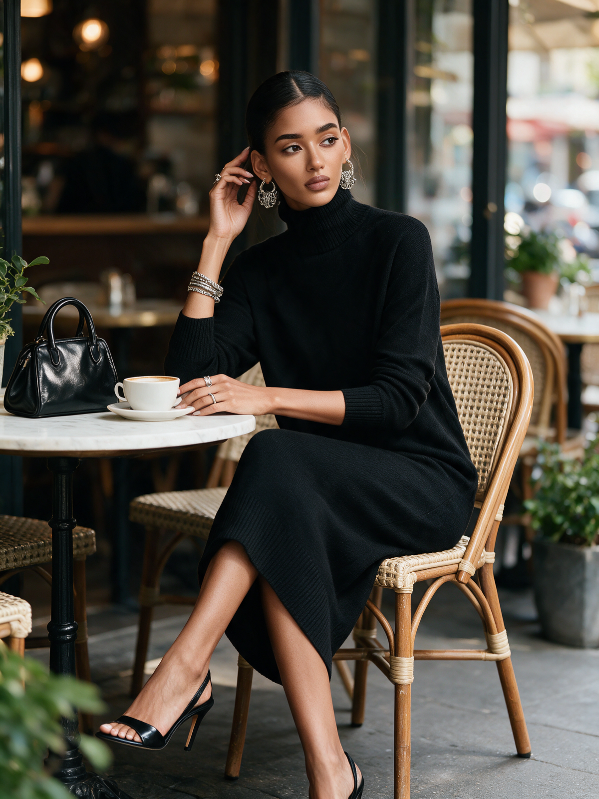 Black long sleeve knit sweater midi dress with turtleneck - view 2