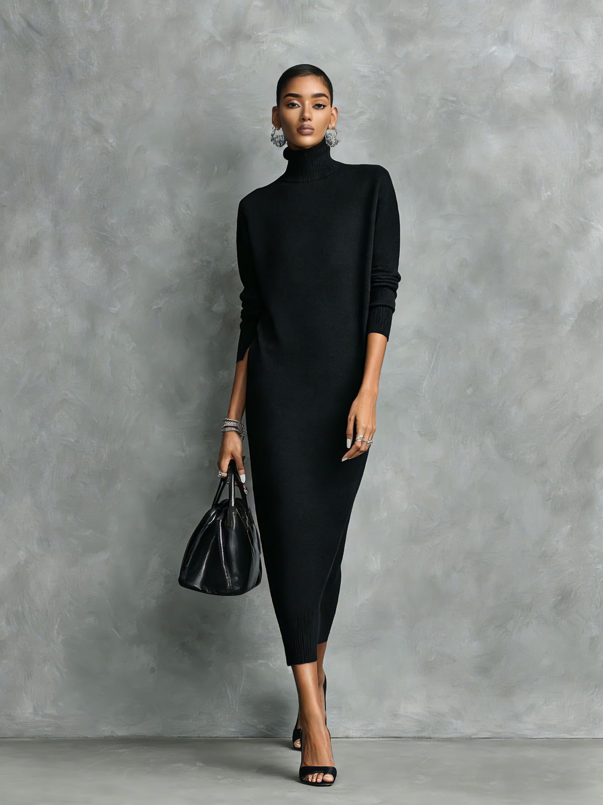 Black long sleeve knit sweater midi dress with turtleneck - view 3
