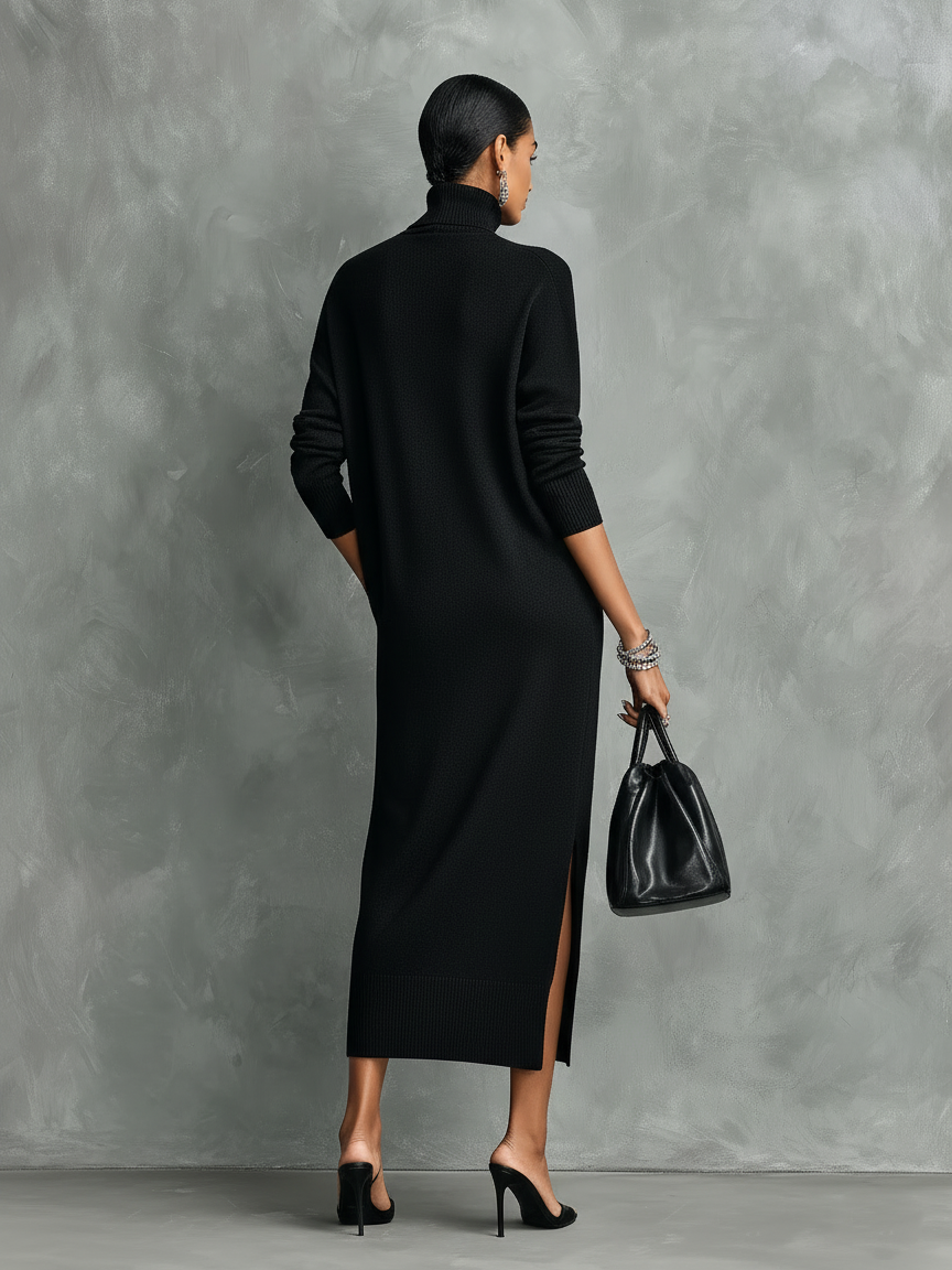 Black long sleeve knit sweater midi dress with turtleneck - view 4