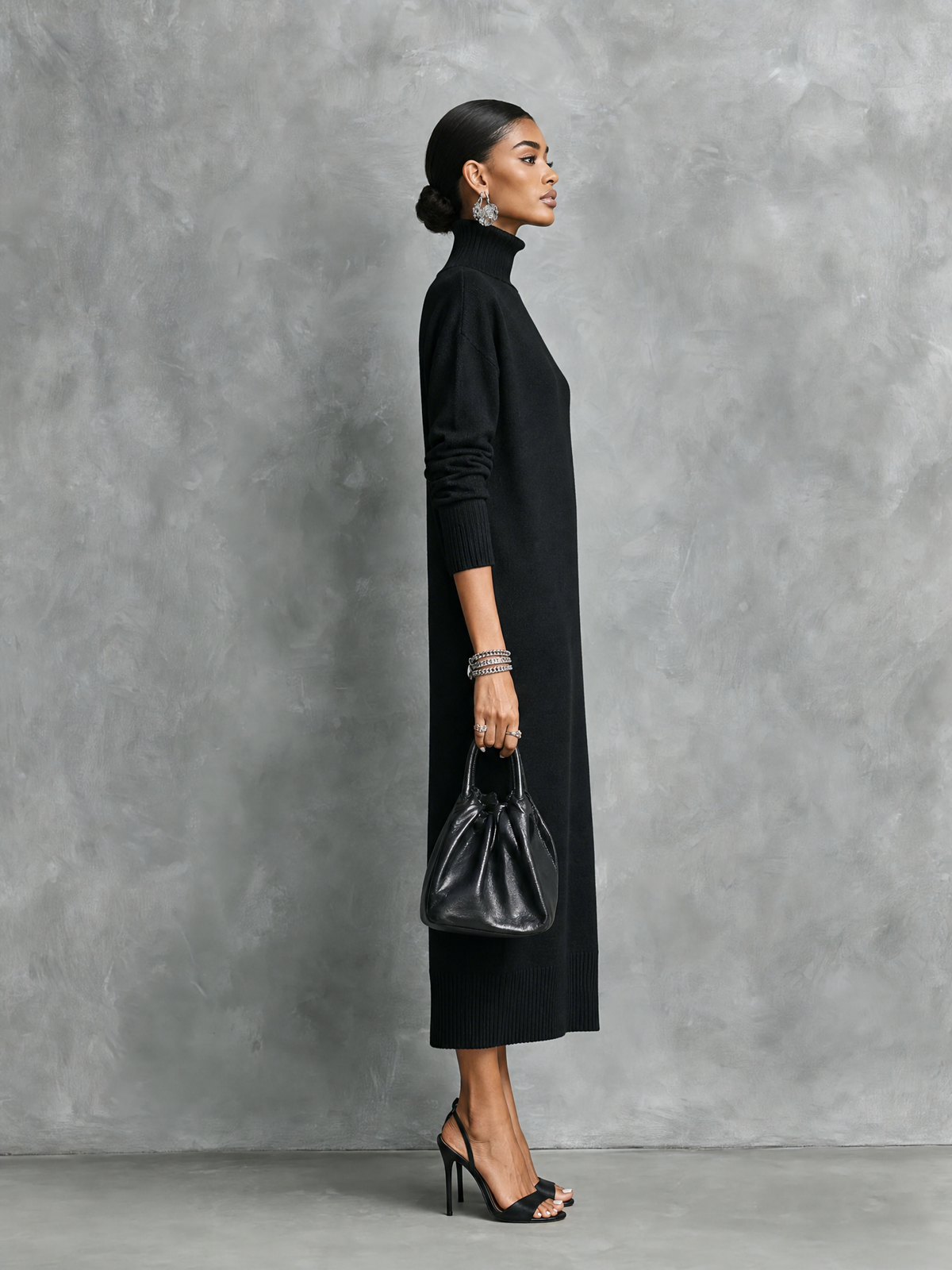 Black long sleeve knit sweater midi dress with turtleneck - view 5