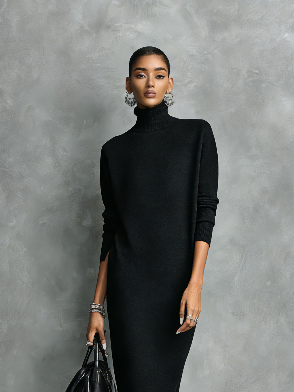 Black long sleeve knit sweater midi dress with turtleneck - view 8