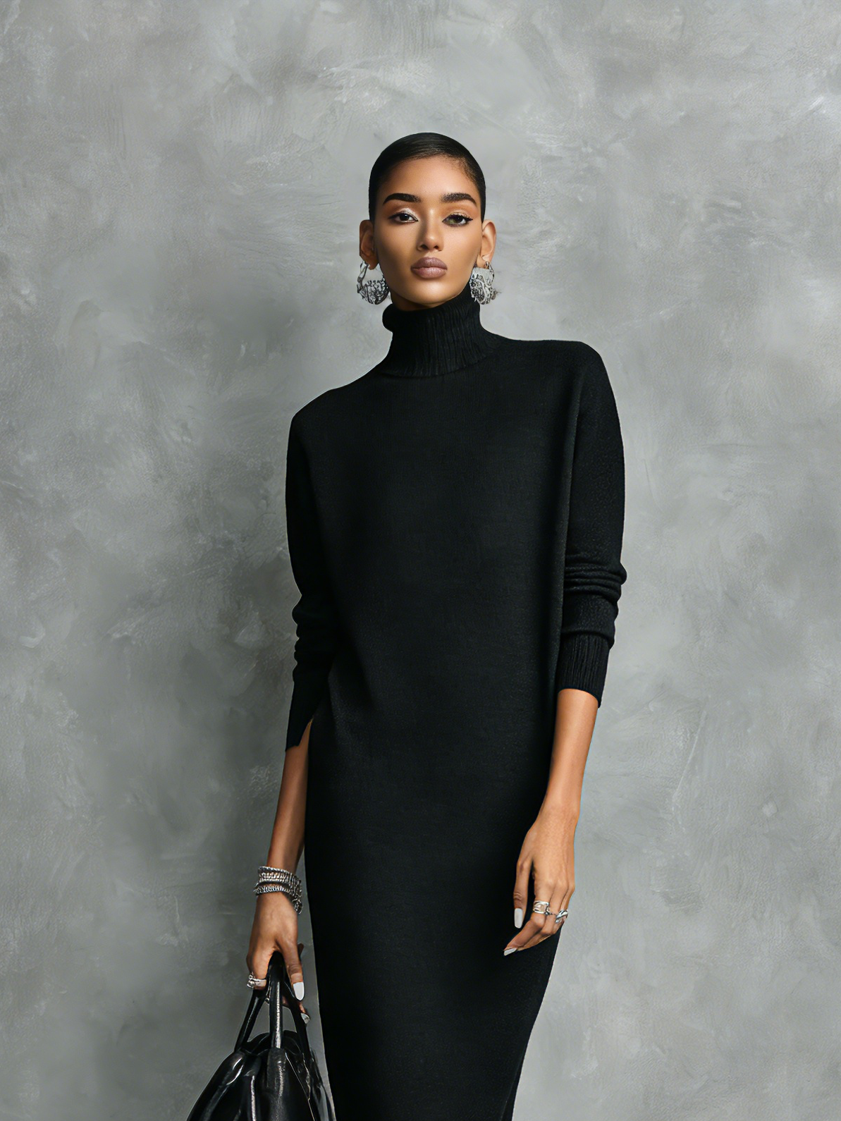 Black long sleeve knit sweater midi dress with turtleneck - view 8