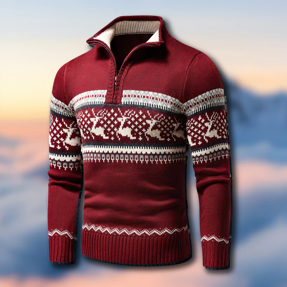 Men's Fair Isle quarter zip sweater with reindeer pattern and stand collar
