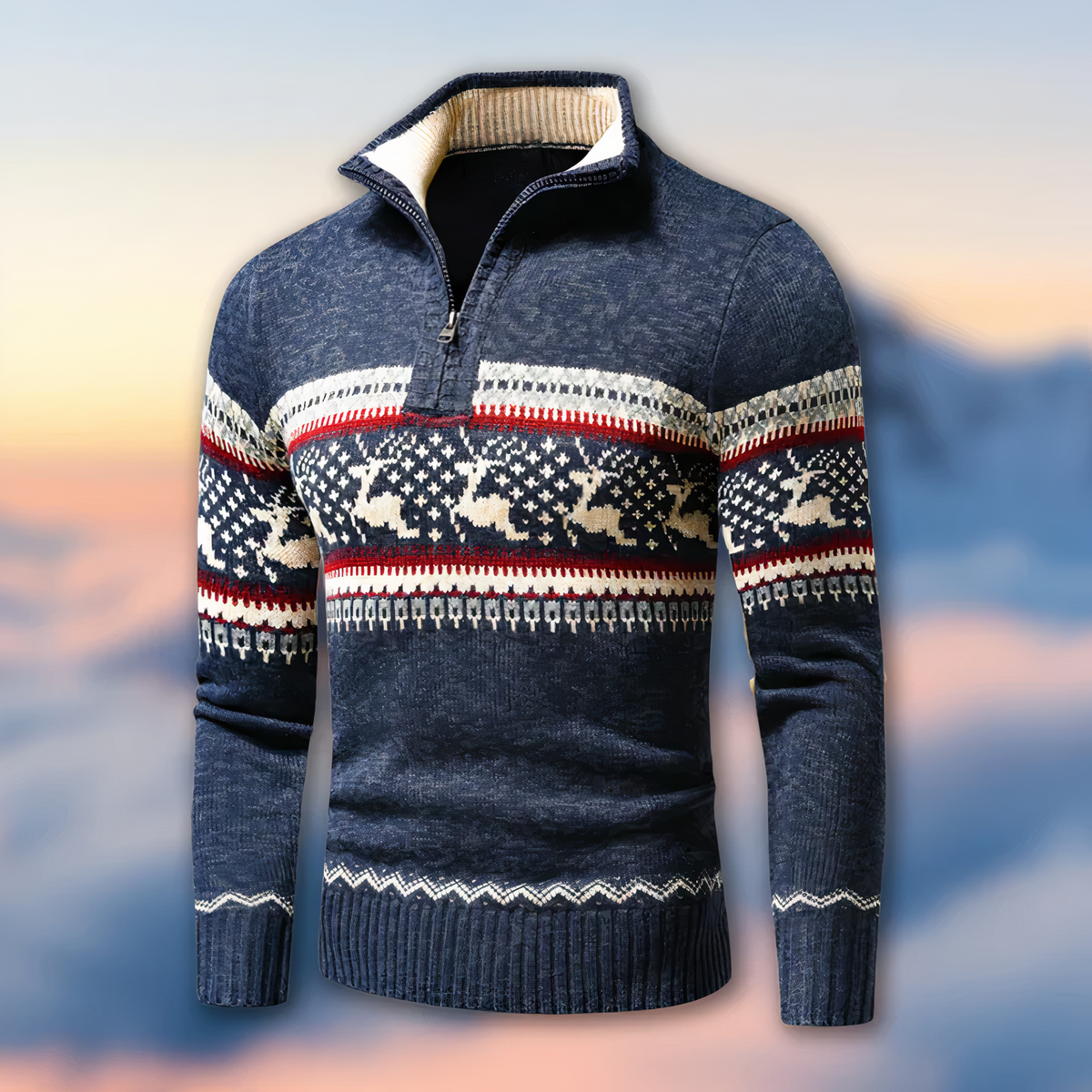 Men's Fair Isle quarter zip sweater with reindeer pattern and stand collar - view 2