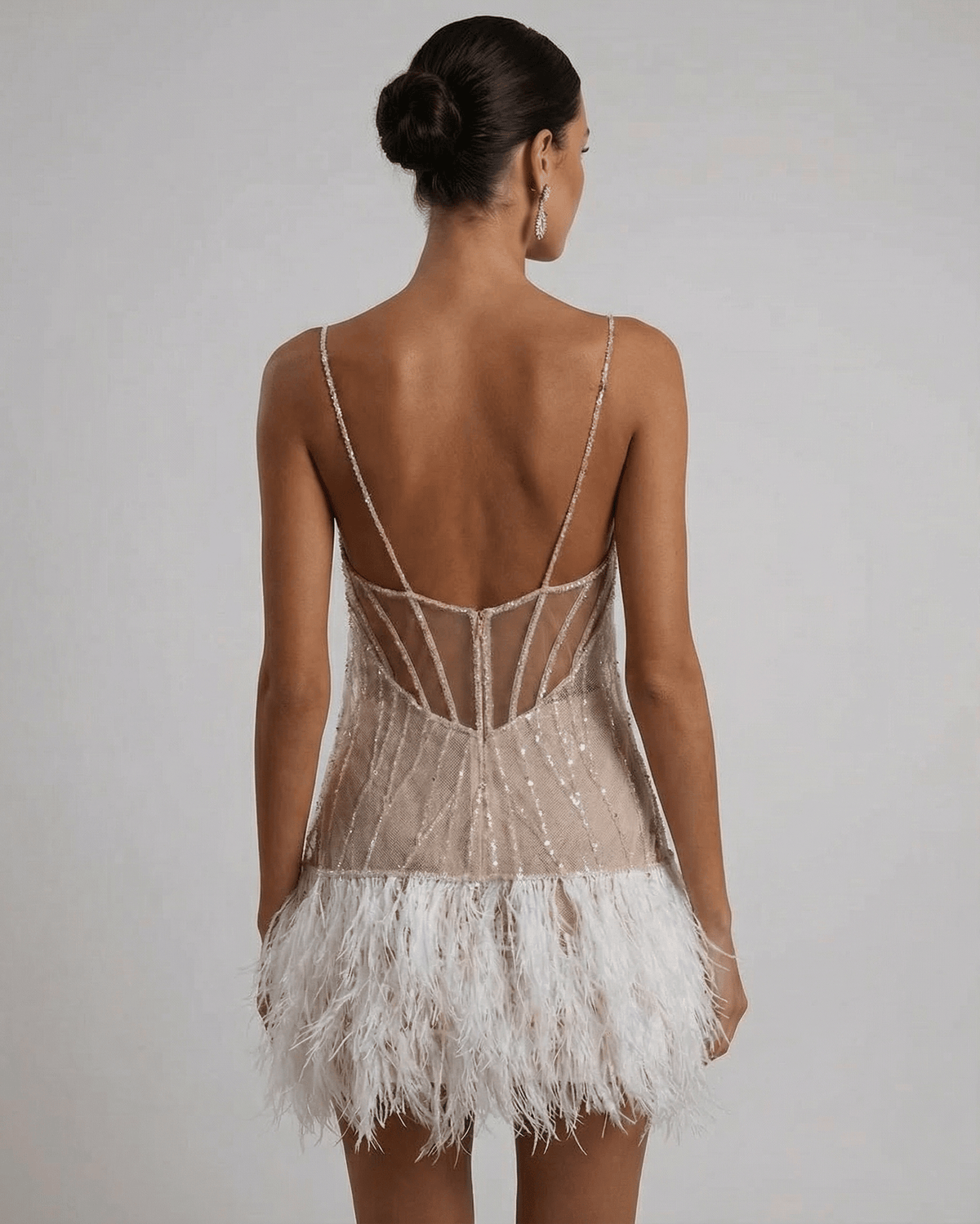 Nude sequin mini dress with white feather hem and open back - view 2